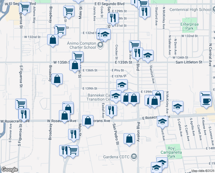 map of restaurants, bars, coffee shops, grocery stores, and more near 243 East 139th Street in Los Angeles