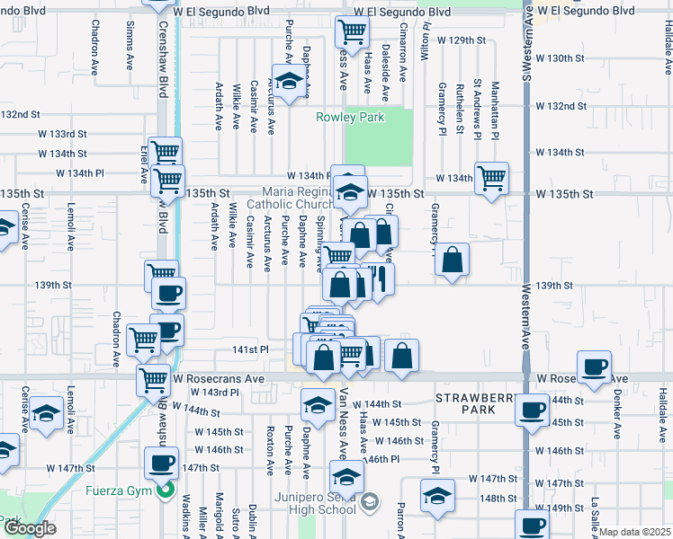 map of restaurants, bars, coffee shops, grocery stores, and more near 13808 Spinning Avenue in Gardena