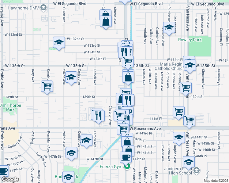 map of restaurants, bars, coffee shops, grocery stores, and more near 13807 Crenshaw Boulevard in Hawthorne