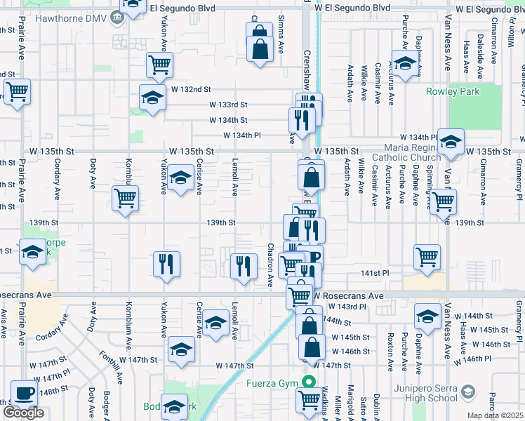 map of restaurants, bars, coffee shops, grocery stores, and more near 13725 Chadron Avenue in Hawthorne