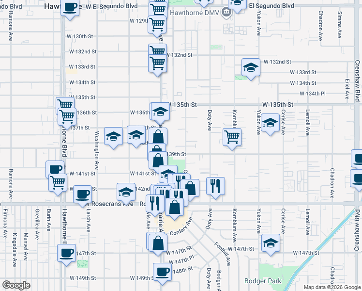 map of restaurants, bars, coffee shops, grocery stores, and more near 13759 Cordary Avenue in Hawthorne