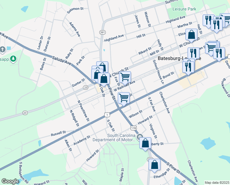 map of restaurants, bars, coffee shops, grocery stores, and more near 21 Pine Street in Batesburg-Leesville