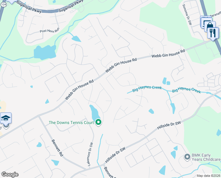 map of restaurants, bars, coffee shops, grocery stores, and more near 945 Common Oak Place in Lawrenceville
