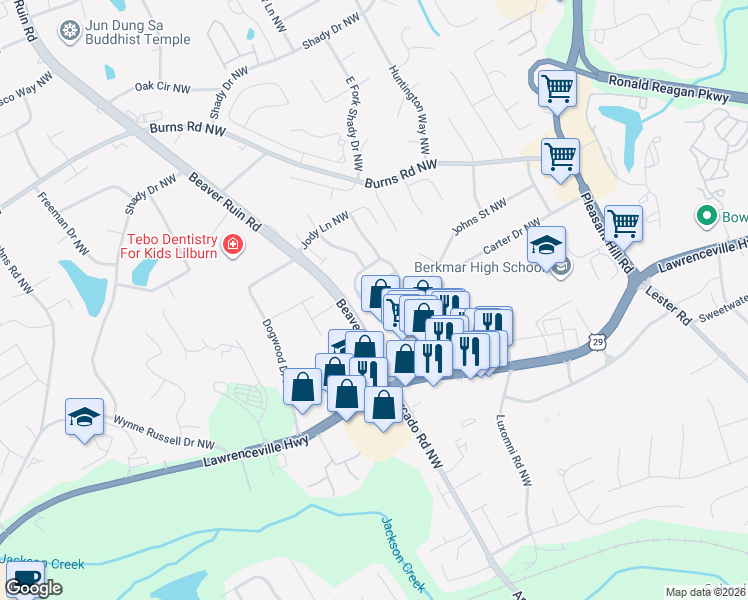 map of restaurants, bars, coffee shops, grocery stores, and more near 261 Marble Springs Road Northwest in Lilburn