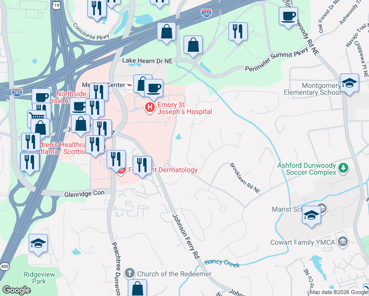 map of restaurants, bars, coffee shops, grocery stores, and more near 1151 Byrnwyck Road Northeast in Atlanta
