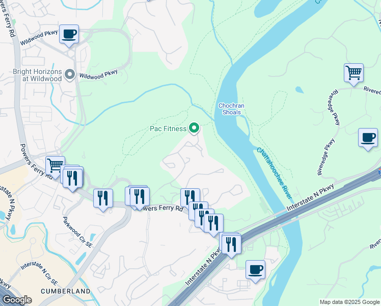 map of restaurants, bars, coffee shops, grocery stores, and more near 2017 Powers Ferry Road in Marietta