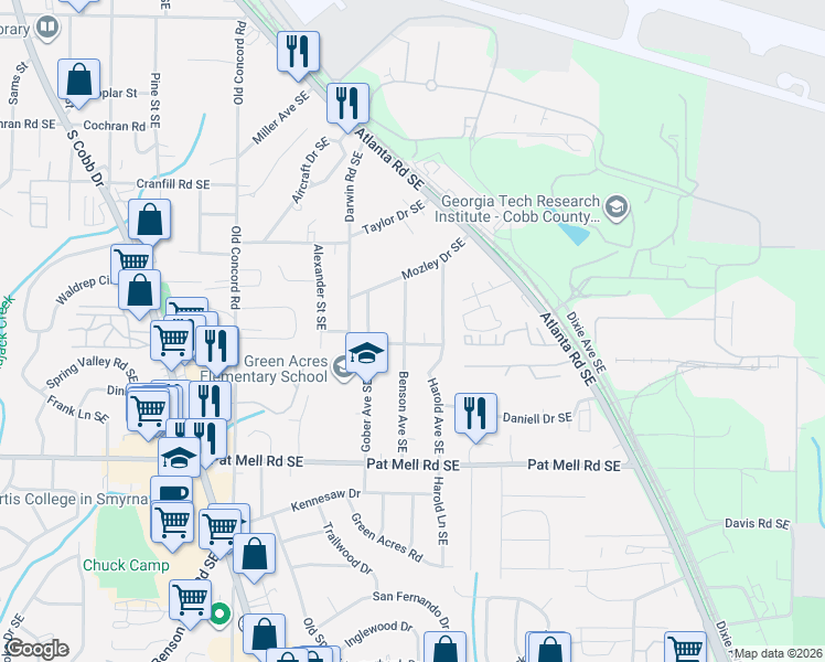 map of restaurants, bars, coffee shops, grocery stores, and more near 707 Medford Place Southeast in Smyrna