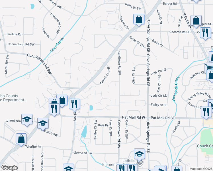 map of restaurants, bars, coffee shops, grocery stores, and more near 206 Ripple Creek Drive Southwest in Marietta
