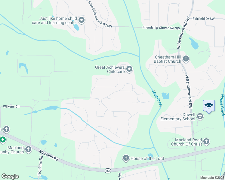 map of restaurants, bars, coffee shops, grocery stores, and more near 1833 Hannah Place in Powder Springs