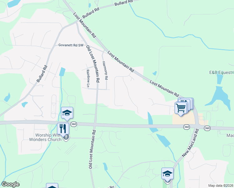 map of restaurants, bars, coffee shops, grocery stores, and more near 4495 Spring Mountain Lane in Powder Springs