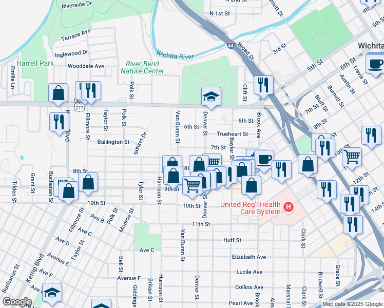 map of restaurants, bars, coffee shops, grocery stores, and more near 1912 8th Street in Wichita Falls