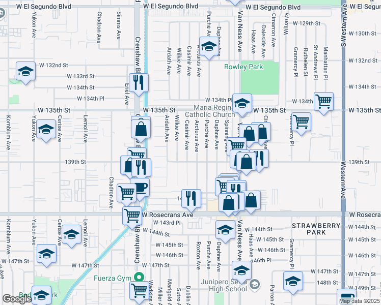 map of restaurants, bars, coffee shops, grocery stores, and more near 13804 Casimir Avenue in Gardena