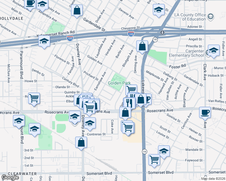map of restaurants, bars, coffee shops, grocery stores, and more near 8754 Prichard Street in Downey