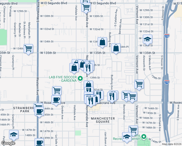 map of restaurants, bars, coffee shops, grocery stores, and more near 139th Street in Gardena