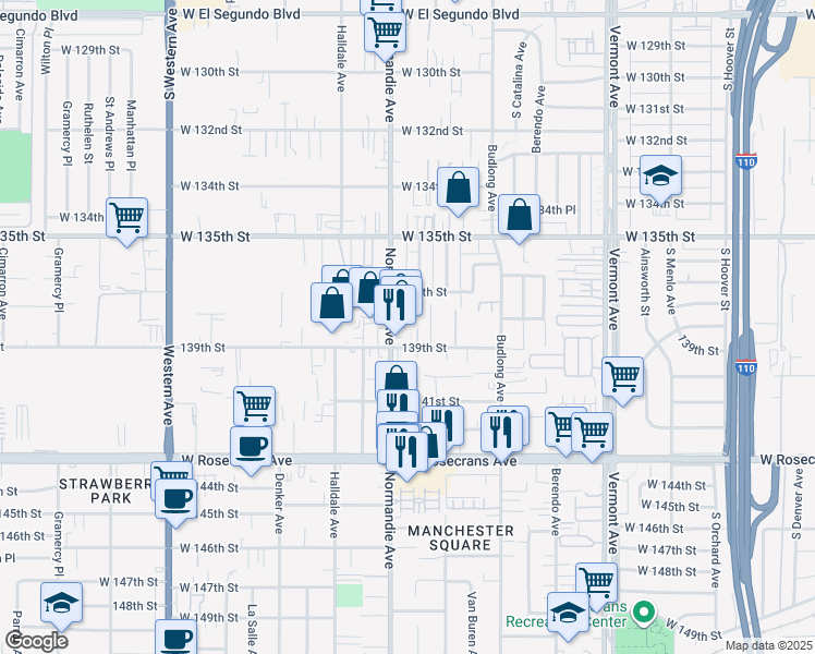 map of restaurants, bars, coffee shops, grocery stores, and more near 1335 139th Street in Gardena