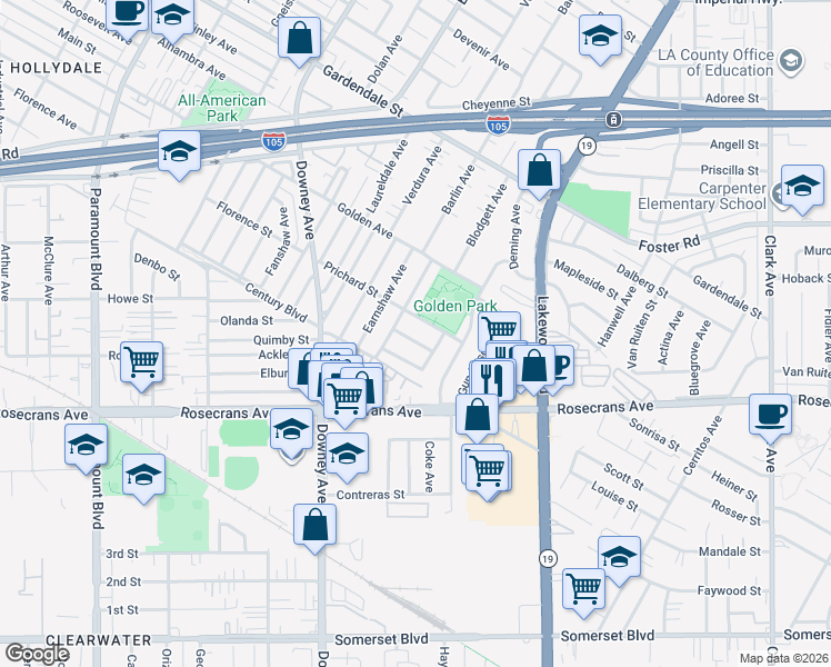 map of restaurants, bars, coffee shops, grocery stores, and more near 8743 Dorion Street in Downey
