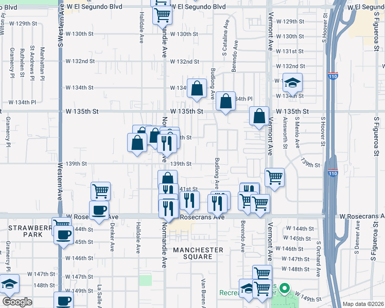 map of restaurants, bars, coffee shops, grocery stores, and more near 1261 139th Street in Gardena