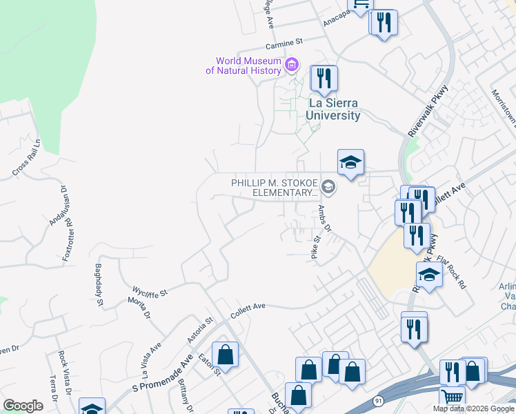 map of restaurants, bars, coffee shops, grocery stores, and more near 12080 Scenic View Terrace in Riverside