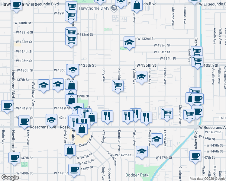 map of restaurants, bars, coffee shops, grocery stores, and more near 13811 Kornblum Avenue in Hawthorne