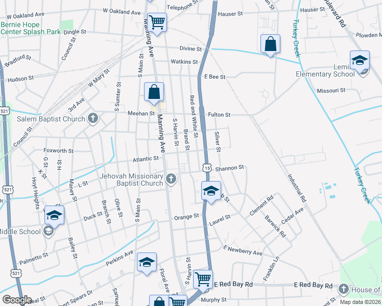 map of restaurants, bars, coffee shops, grocery stores, and more near 303 Brand Street in Sumter