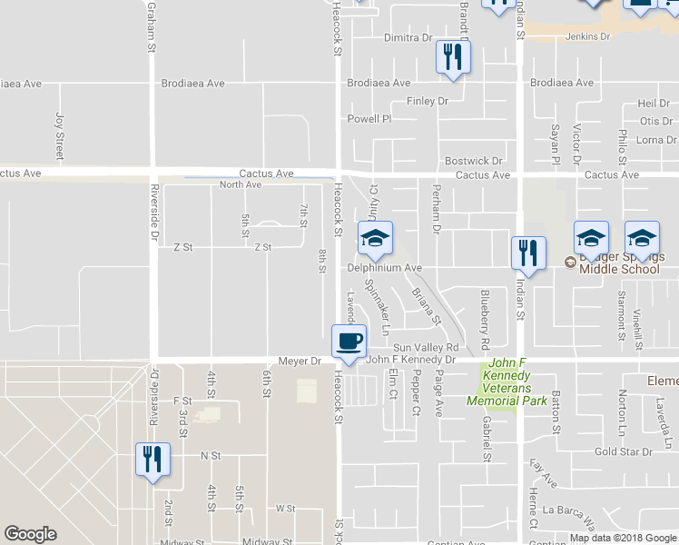 map of restaurants, bars, coffee shops, grocery stores, and more near 14906 Heacock Street in Moreno Valley