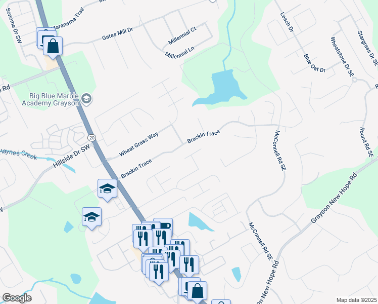 map of restaurants, bars, coffee shops, grocery stores, and more near 599 Loretta Way in Grayson