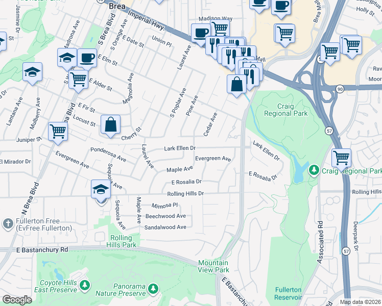 map of restaurants, bars, coffee shops, grocery stores, and more near 3113 Maple Avenue in Fullerton