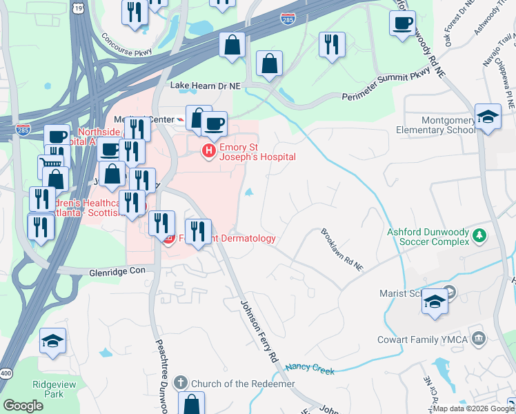 map of restaurants, bars, coffee shops, grocery stores, and more near 1151 Byrnwyck Road Northeast in Atlanta
