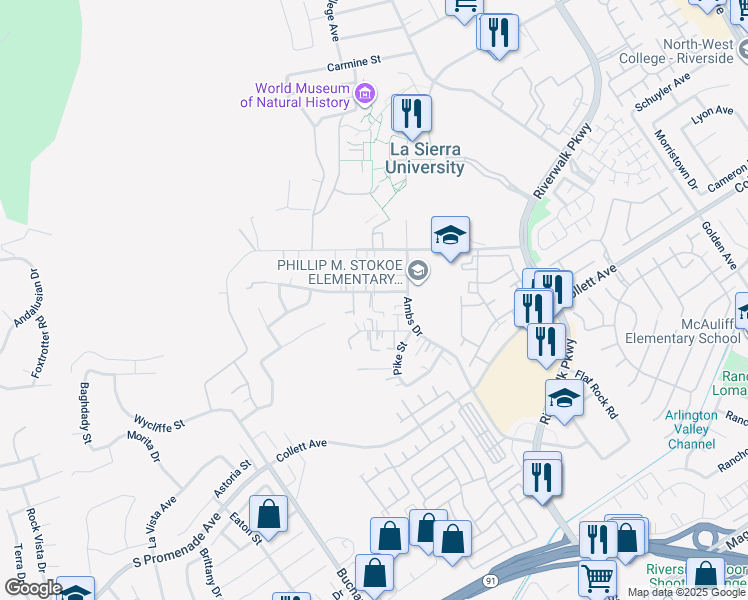 map of restaurants, bars, coffee shops, grocery stores, and more near 11966 Knoefler Drive in Riverside