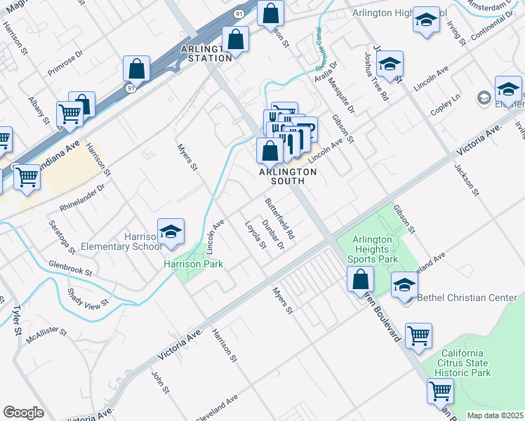 map of restaurants, bars, coffee shops, grocery stores, and more near 2865 Dunbar Drive in Riverside
