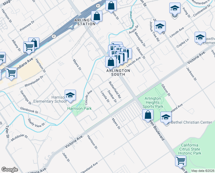 map of restaurants, bars, coffee shops, grocery stores, and more near 2865 Dunbar Drive in Riverside