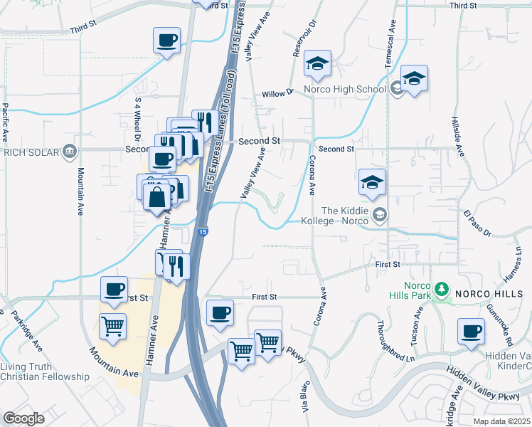 map of restaurants, bars, coffee shops, grocery stores, and more near 1454 Hilltop Lane in Norco
