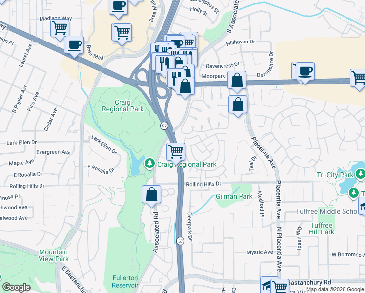 map of restaurants, bars, coffee shops, grocery stores, and more near Rolling Hills Drive in Fullerton