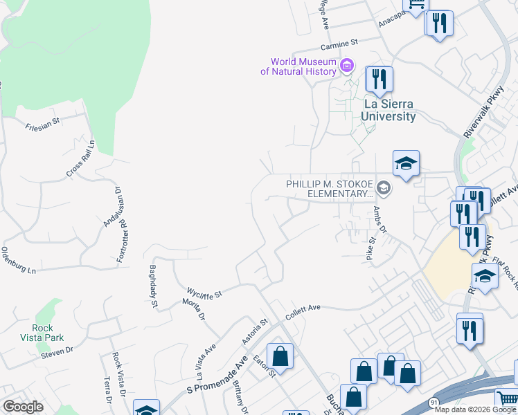 map of restaurants, bars, coffee shops, grocery stores, and more near 4479 Gilchrist Drive in Riverside