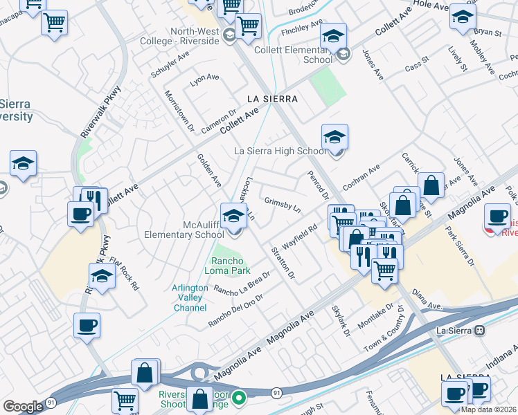map of restaurants, bars, coffee shops, grocery stores, and more near 11261 Cullen Court in Riverside