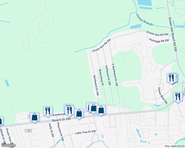 map of restaurants, bars, coffee shops, grocery stores, and more near 1713 Northwind Drive Southwest in Ocean Isle Beach