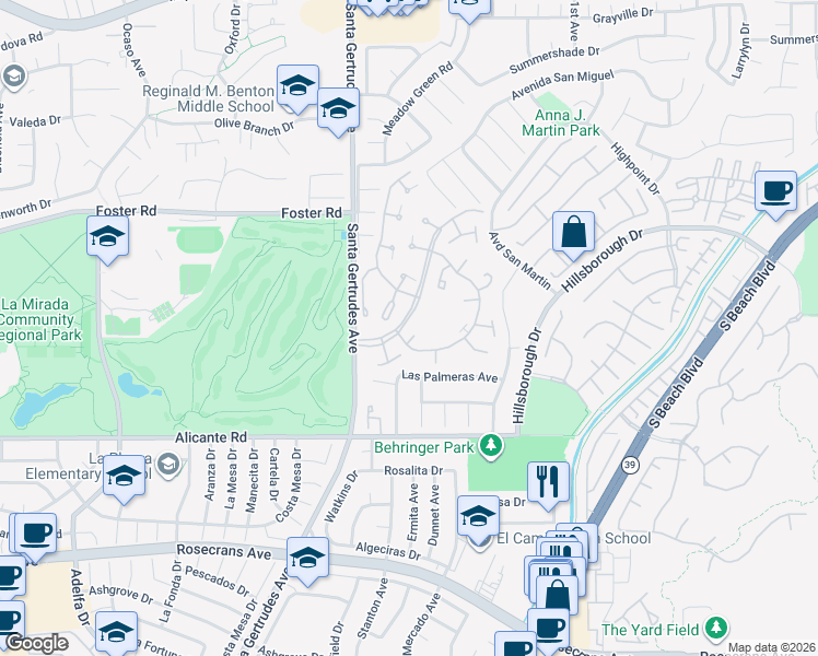map of restaurants, bars, coffee shops, grocery stores, and more near 15963 Alta Vista Drive in La Mirada