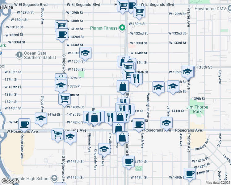 map of restaurants, bars, coffee shops, grocery stores, and more near 4473 138th Street in Hawthorne