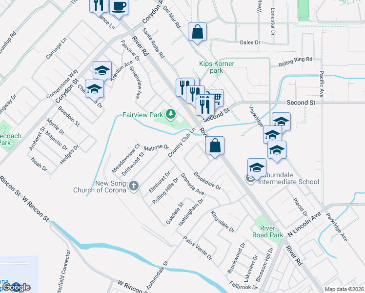 map of restaurants, bars, coffee shops, grocery stores, and more near 1118 Norcrest Street in Corona