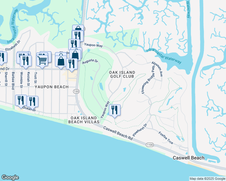 map of restaurants, bars, coffee shops, grocery stores, and more near 52 Yaupon Way in Oak Island