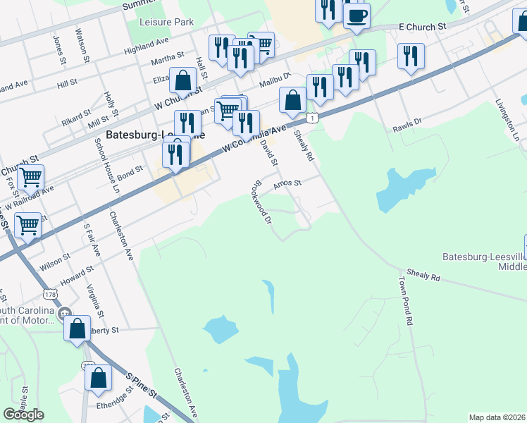 map of restaurants, bars, coffee shops, grocery stores, and more near Brookwood Drive in Batesburg-Leesville