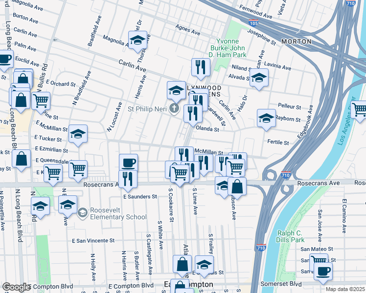 map of restaurants, bars, coffee shops, grocery stores, and more near 12725 Atlantic Avenue in Lynwood