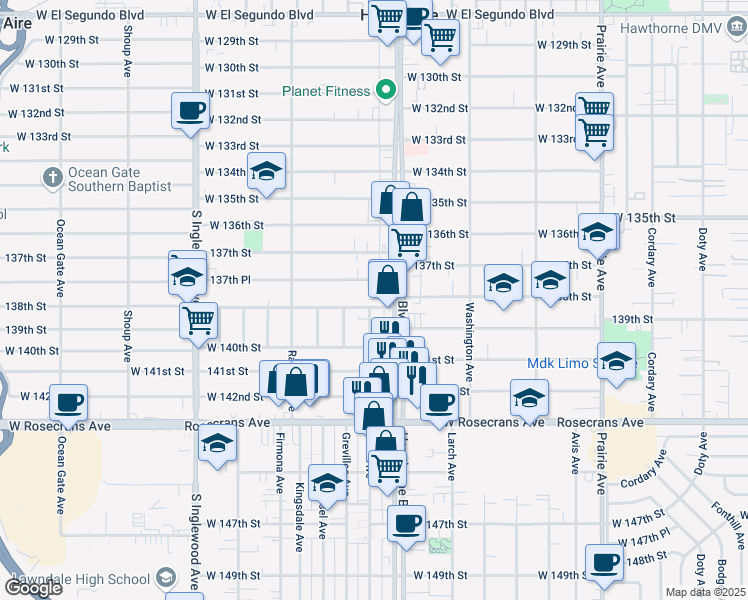 map of restaurants, bars, coffee shops, grocery stores, and more near 4431 138th Street in Hawthorne