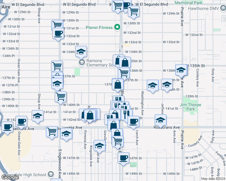 map of restaurants, bars, coffee shops, grocery stores, and more near 4439 138th Street in Hawthorne