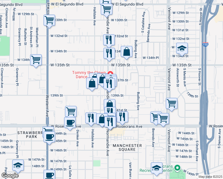 map of restaurants, bars, coffee shops, grocery stores, and more near 13815 Normandie Avenue in Gardena