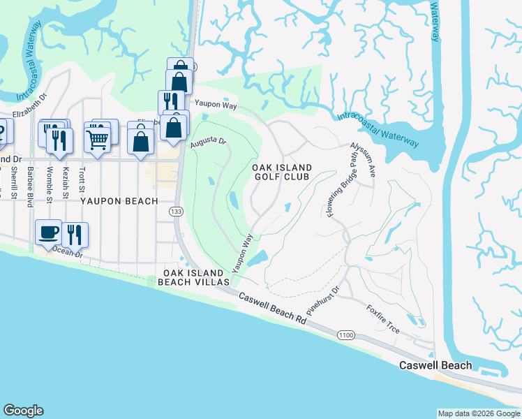 map of restaurants, bars, coffee shops, grocery stores, and more near 52 Yaupon Way in Oak Island