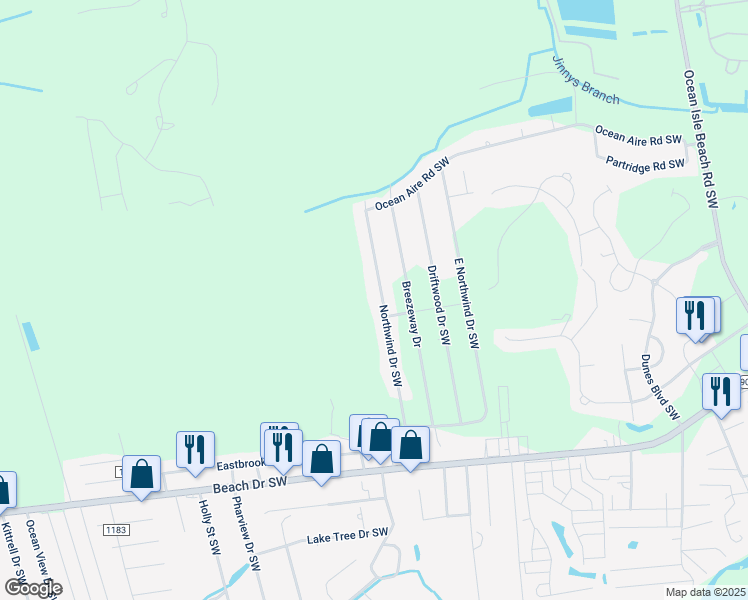 map of restaurants, bars, coffee shops, grocery stores, and more near 1713 Northwind Drive Southwest in Ocean Isle Beach