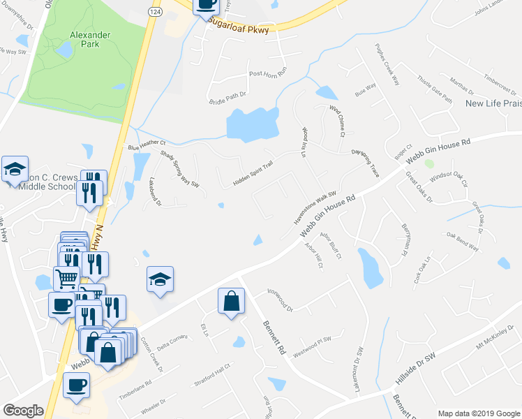 map of restaurants, bars, coffee shops, grocery stores, and more near 1511 Heatherglade Lane in Lawrenceville