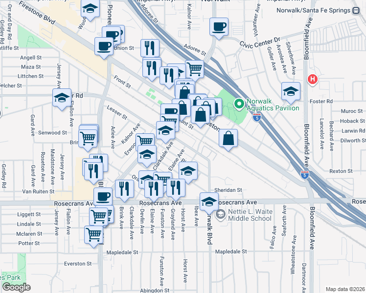 map of restaurants, bars, coffee shops, grocery stores, and more near 12062 Foster Road in Norwalk
