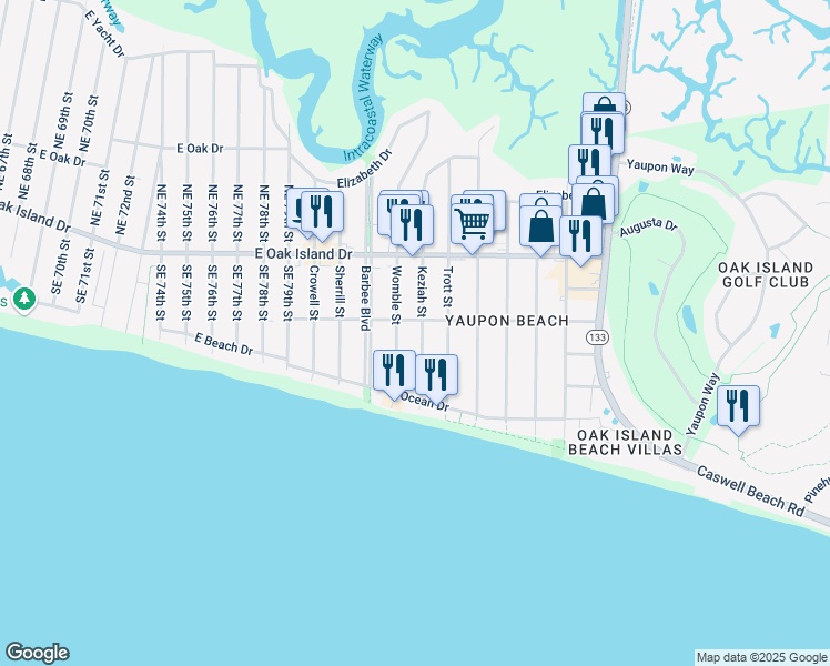 map of restaurants, bars, coffee shops, grocery stores, and more near 217 Keziah St in Oak Island